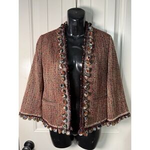 Zara Pom Pom Tweed Jacket Women's XS Red Black Cropped‎ Artsy Academia Boho